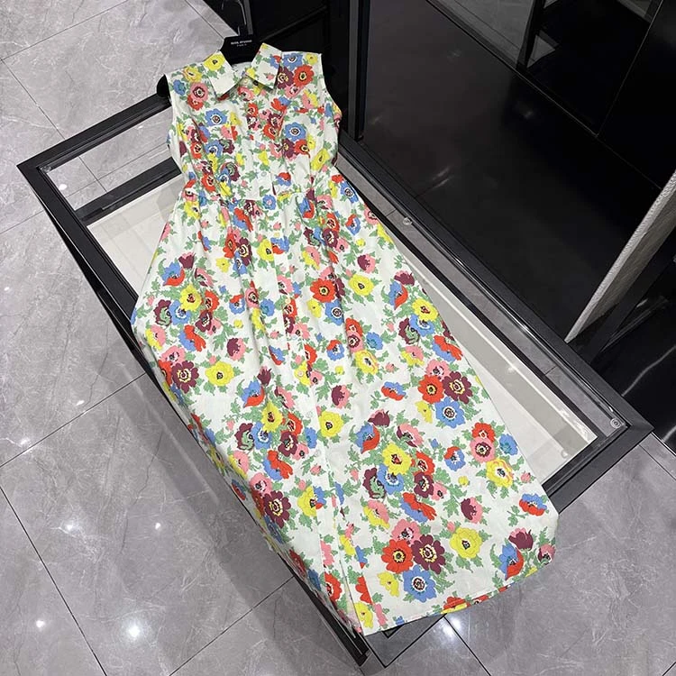 25年春夏新款女装 法式时尚彩色花卉印花显瘦翻领洋气无袖长裙