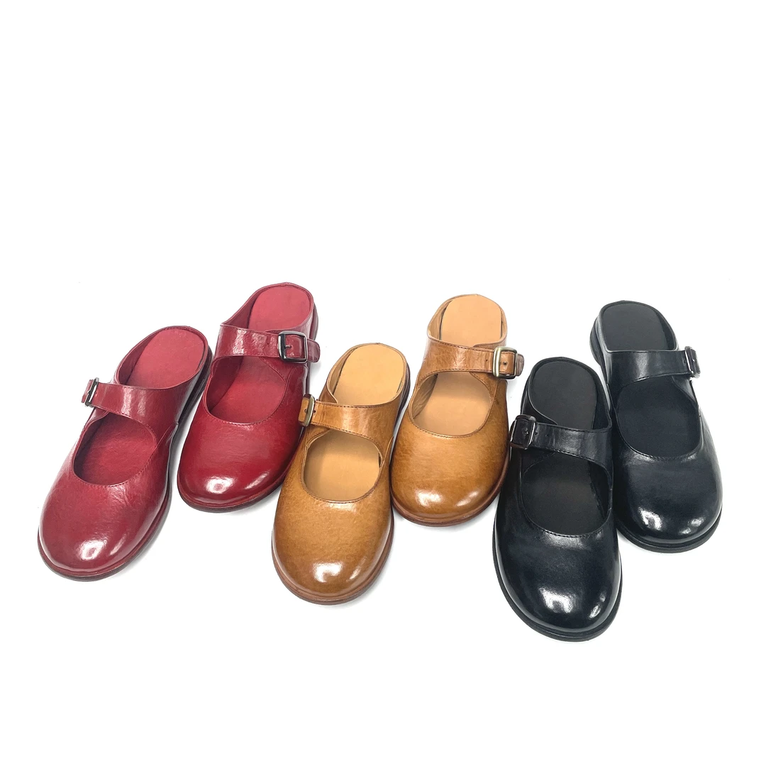 高档时尚舒适新款水洗马皮平底皮带扣休闲马皮拖鞋包头半拖鞋女潮