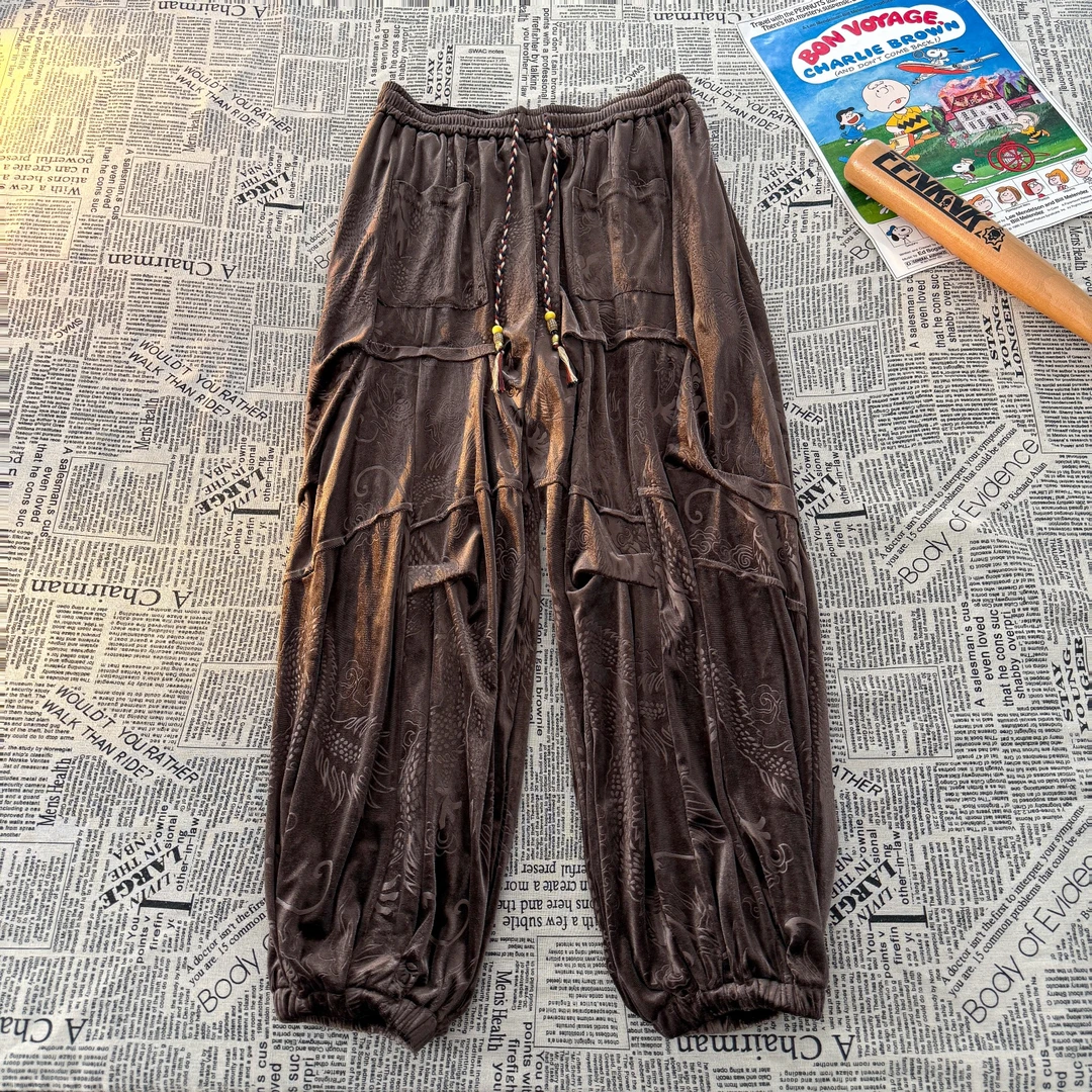 中国风褶皱设计感金丝绒阔腿灯笼裤男秋季新中式宽松大码休闲长裤