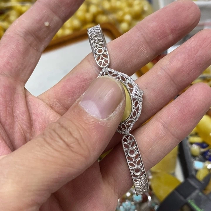 咖***啡银S925镶嵌蜜蜡裸石手链