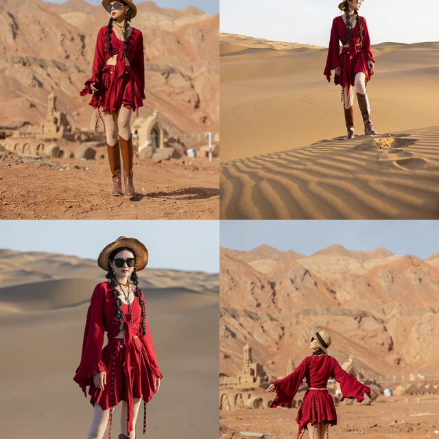 理想三旬女装 新疆沙漠旅拍酒红色民族风废土风辣妹半身裙套装
