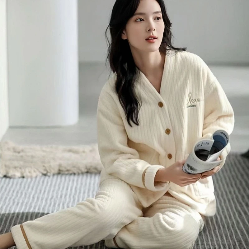 （法兰绒家居服套装）C3409秋冬甜美撞色V领加绒加厚保暖睡衣套装G