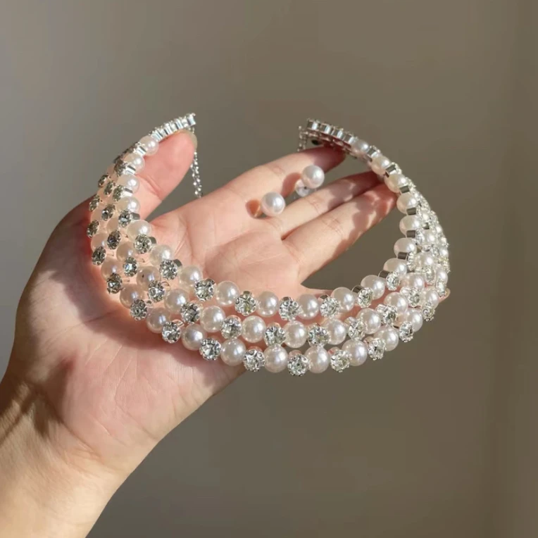 非金属仿珍珠项链 2979法式编织排钻珍珠多层项链闪水钻颈链配饰