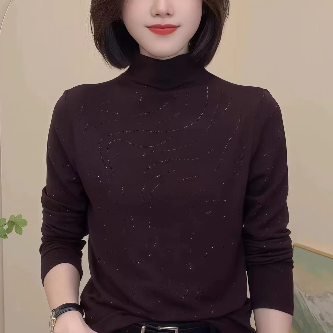 秋季新款半高领烫钻长袖打底衫洋气百搭纯色显瘦修身小衫-7378
