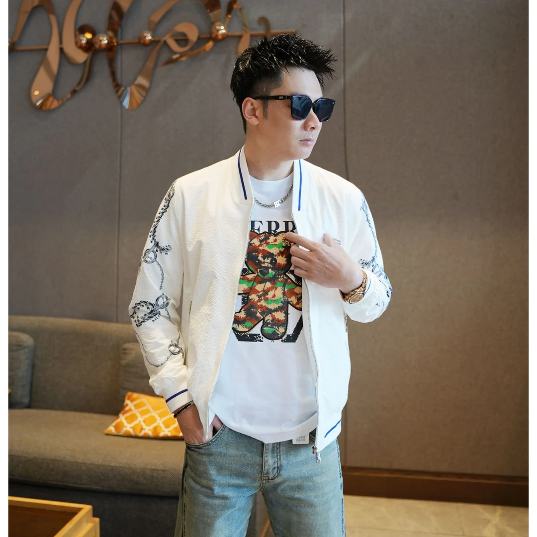 2025春款轻奢印花棒球领夹克修身百搭潮流时尚男士薄款休闲外套