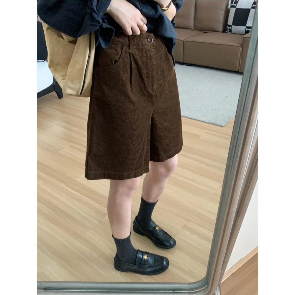 灯芯绒五分裤女秋季新款日系复古高腰宽松显瘦一粒扣休闲阔腿中裤