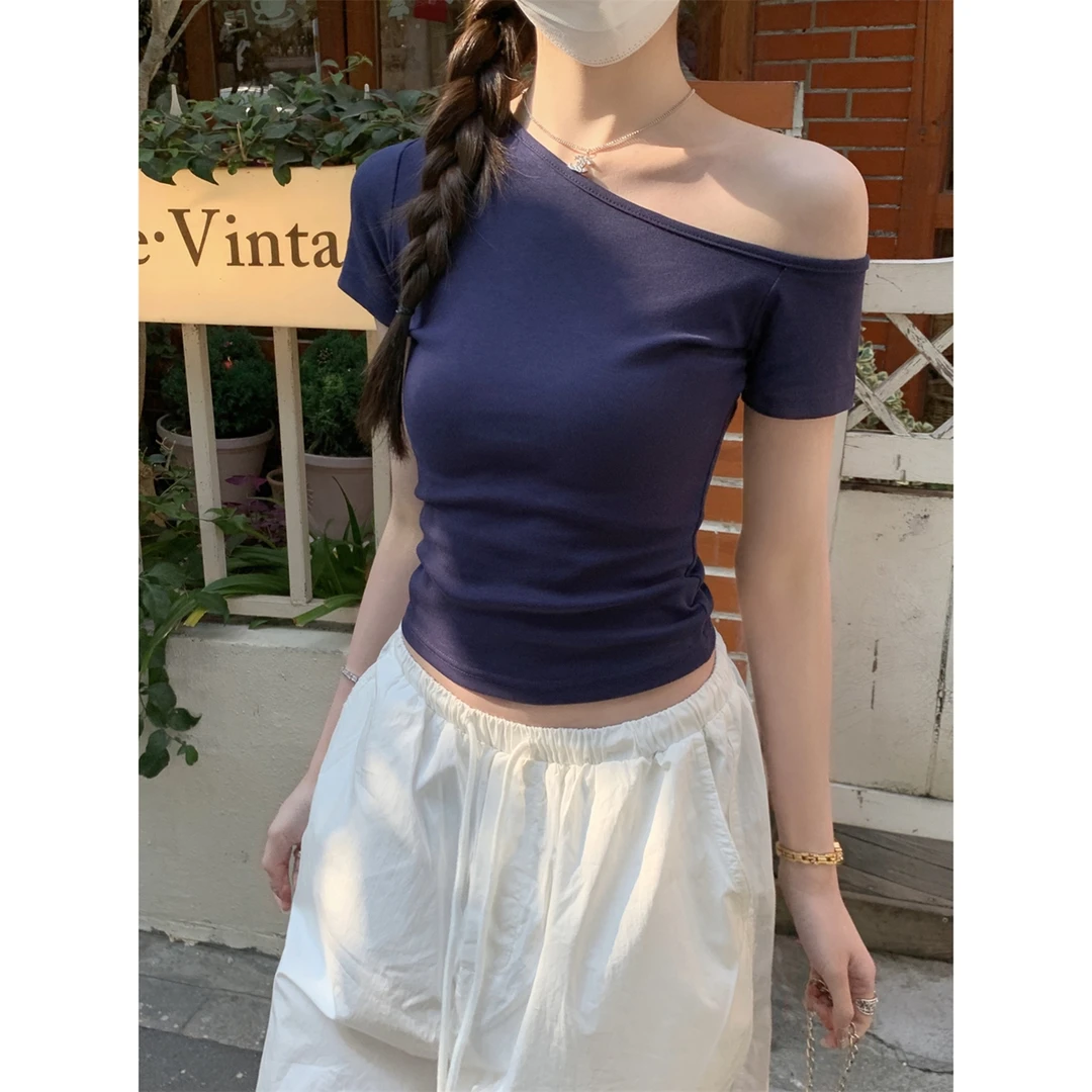 2025春夏韩版修身气质斜肩百搭设计感显瘦纯色时尚短袖T恤上衣女