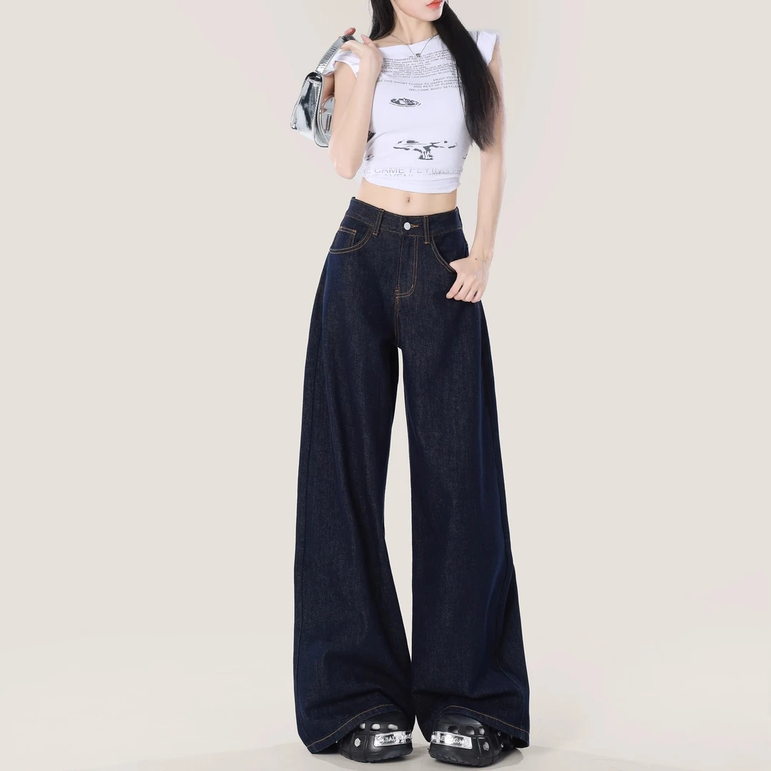美式高街水洗牛仔裤阔腿裤女夏季高腰宽松直筒裤拖地裤显瘦长裤子