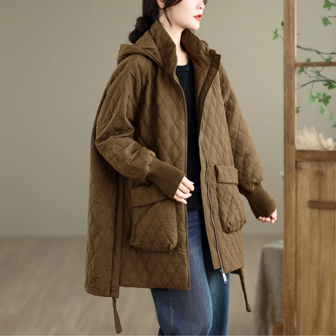 菱形休闲中长款夹棉外套女2025冬季休闲中年大码连帽加厚棉衣潮