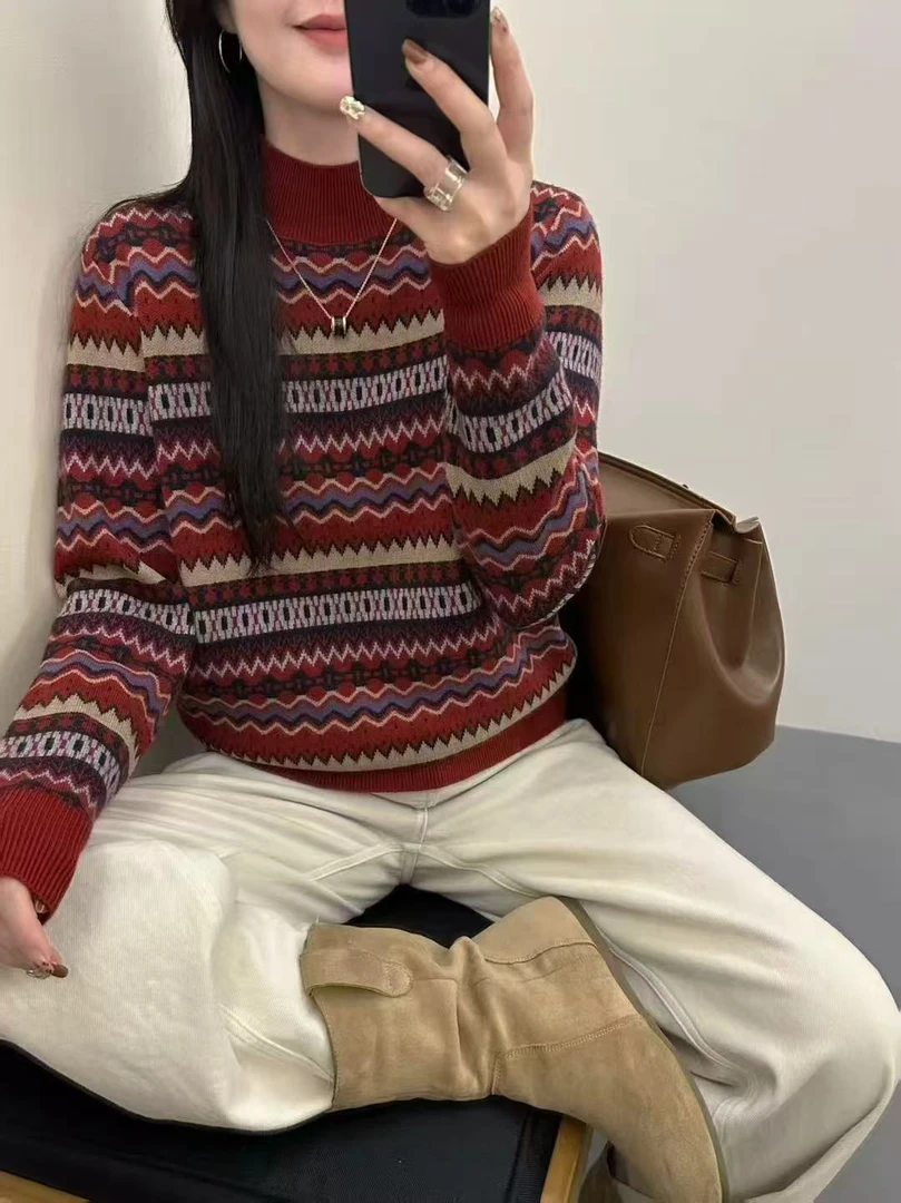 欧洲站乌衣轩秋冬季新款中领宽松撞色针织上衣女