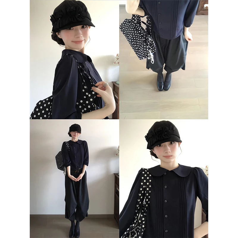 老钱风松弛感女装贵气韩系少女感娃娃领压褶衬衫直筒休闲阔腿裤子