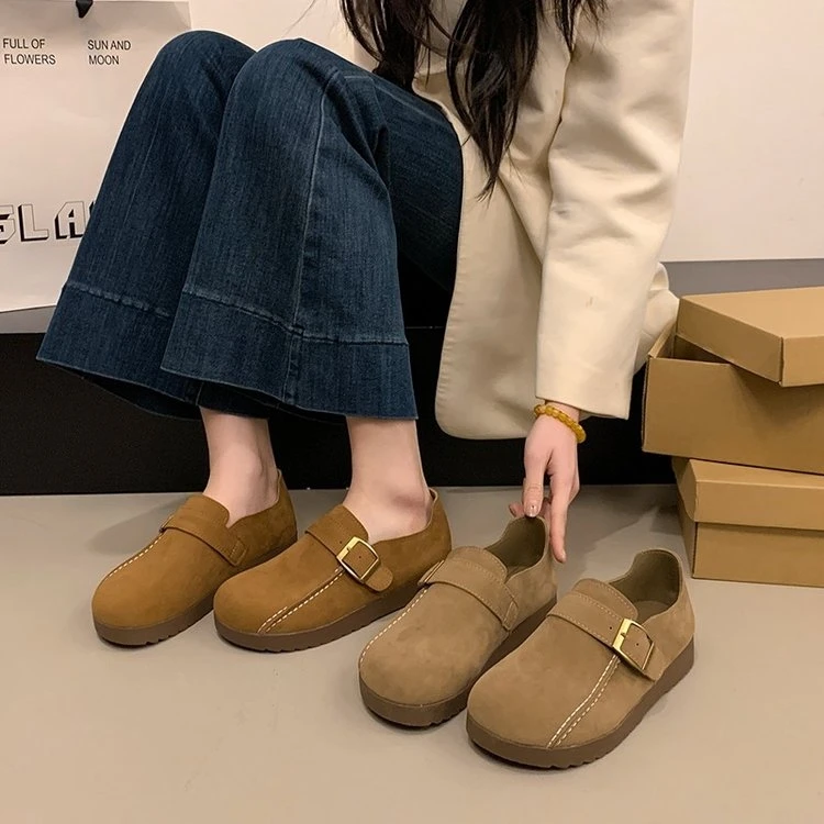 真皮新款勃肯鞋女厚底复古软底加绒棉鞋一脚蹬平底鞋单鞋秋冬