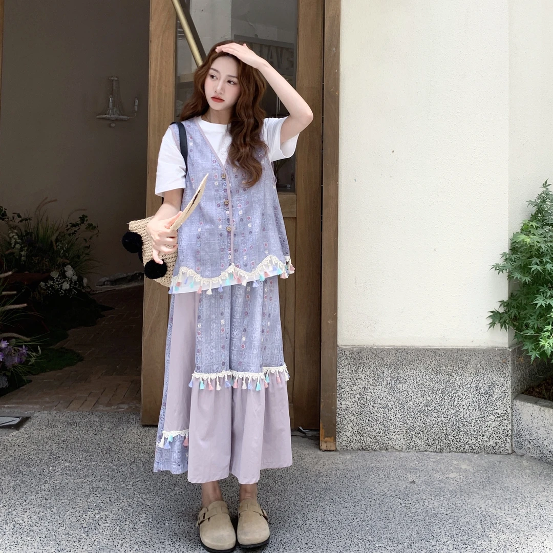 森系甜美设计感格纹马甲套装裙女2025新款不规则衬衣半身裙三件套