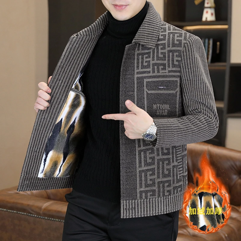 高档男士毛呢外套秋冬新款加绒休闲夹克翻领加厚短款呢大衣男