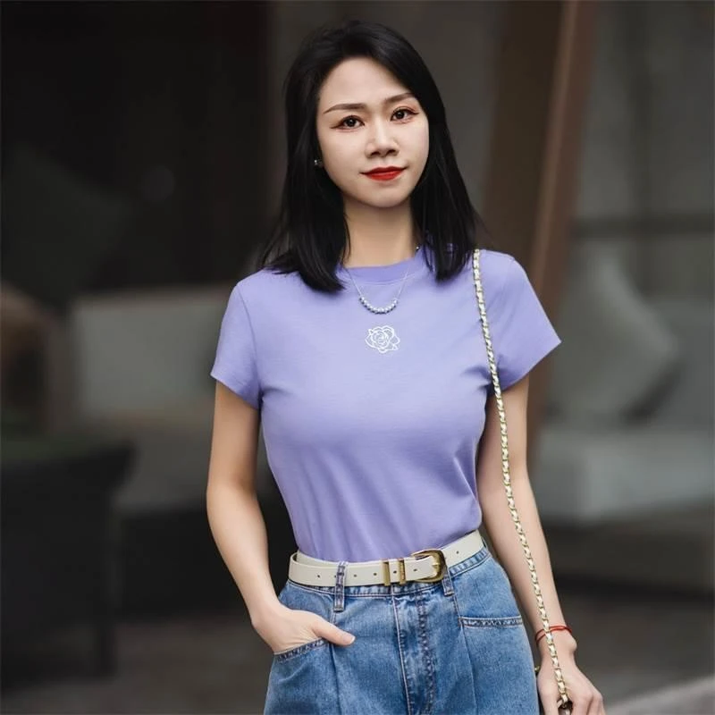 【专柜阿玛家】商场同款夏新款百搭圆领山茶花印花短袖T恤女1300996