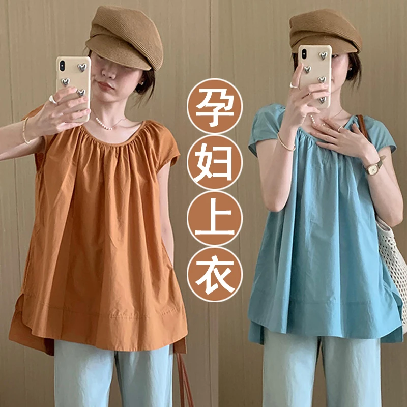 孕妇装飞飞袖宽松中长小衫夏季新款韩版百搭显瘦气质孕期上衣