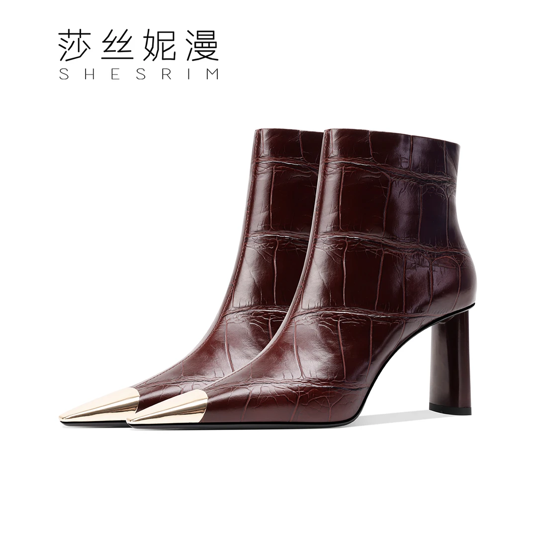 F03-气质粗跟短靴女2024冬季新款真皮高跟黑通勤风