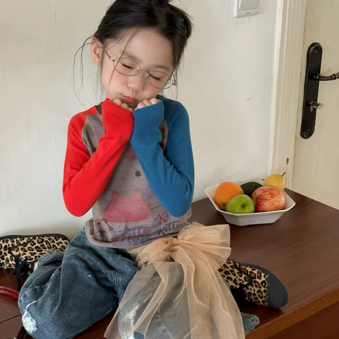 2025女童秋款套装韩版破洞牛仔裤卡通猫咪上衣套装