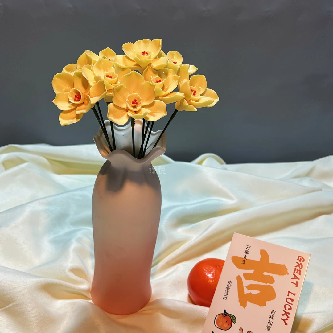 （如意水仙）创意纯手工陶瓷水仙铁杆3朵家居客厅卧室桌面简约摆件