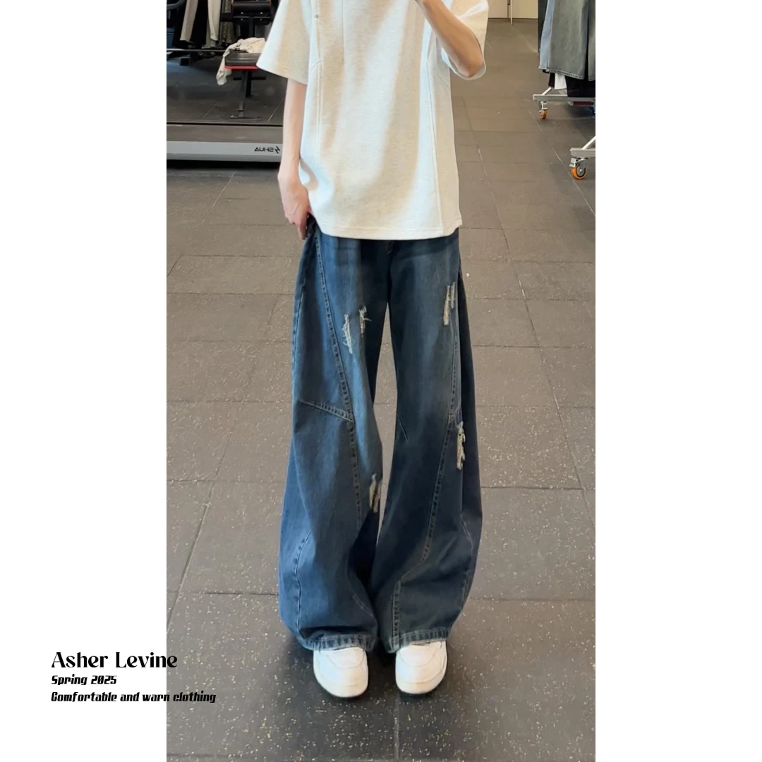 廓形弯刀破洞牛仔裤男款夏季解构美式高街裤子宽松阔腿水洗工装裤