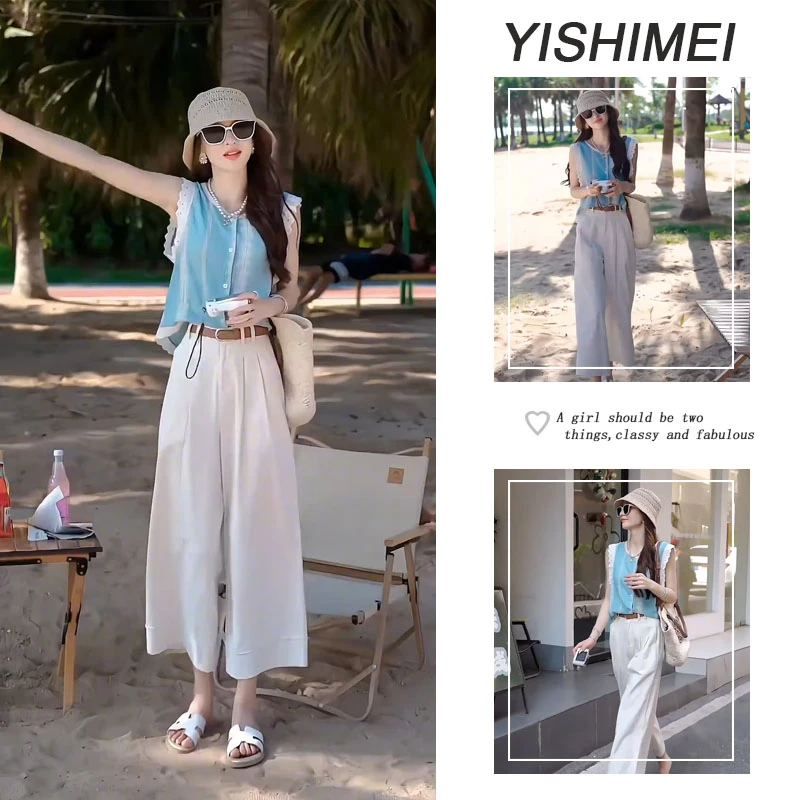 夏季穿搭一整套女2025新款时尚度假风无袖上衣百搭休闲裤两件套
