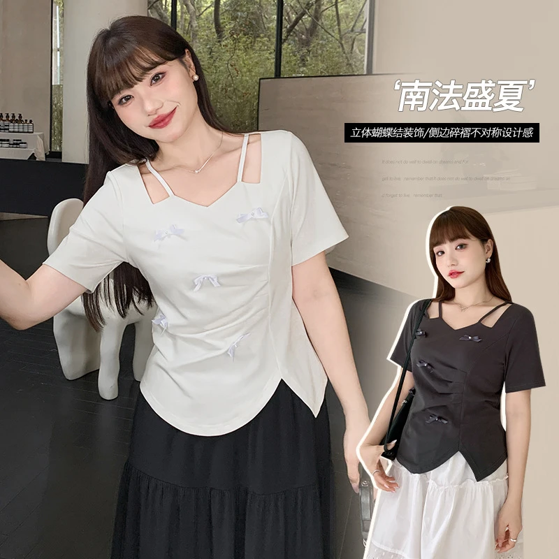 设计感结短袖T恤小衫女夏季大码胖mm挂脖显瘦休闲上衣服63399
