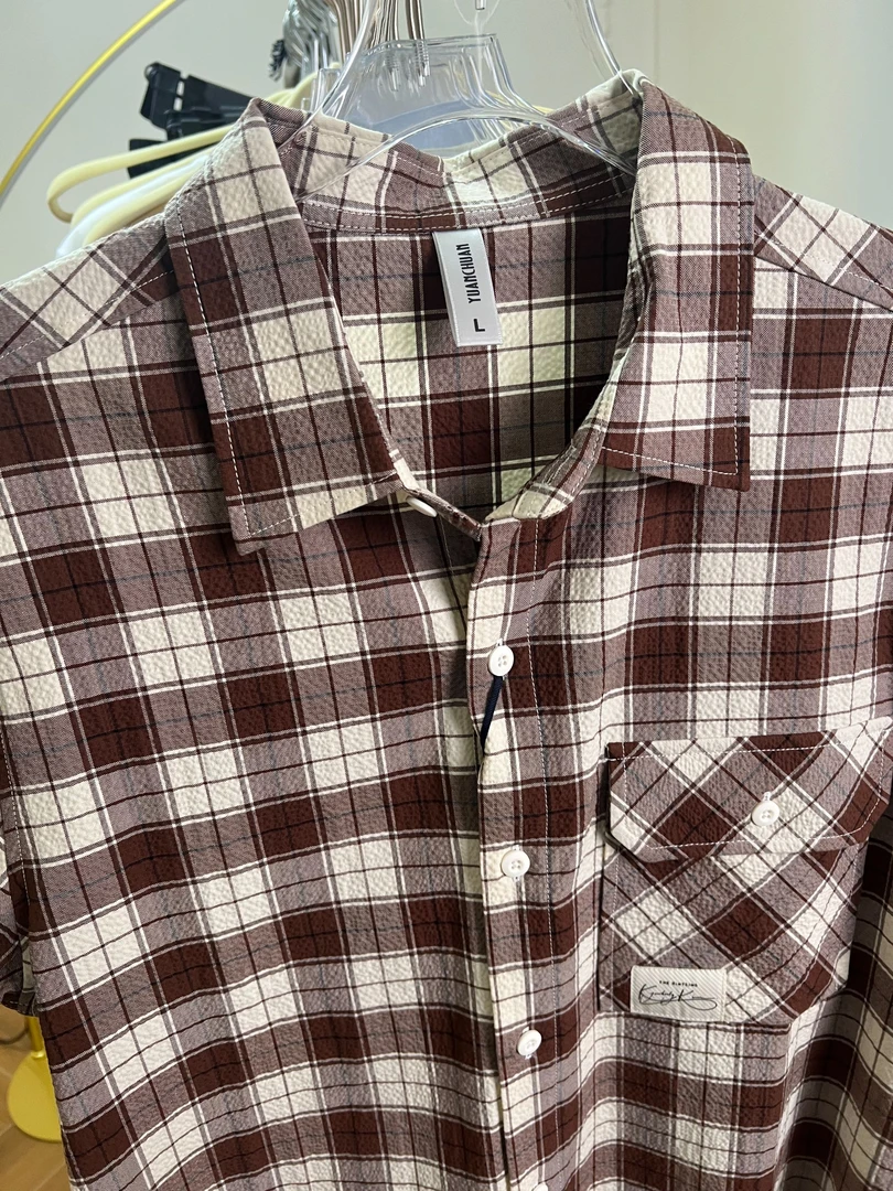 美式复古格纹短袖衬衫夏季新款宽松百搭休闲情侣半袖衬衣男春秋