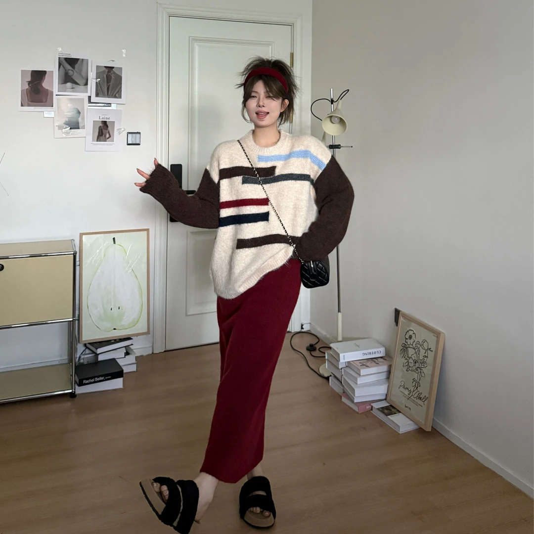 晶咕软软【画布线条】韩系慵懒感彩色撞色拼接圆领针织毛衣
