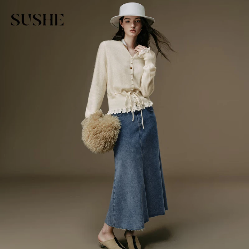 SUSHE 云聆 法式浪漫 高弹羊毛抽绳调节腰花边显瘦针织开衫秋