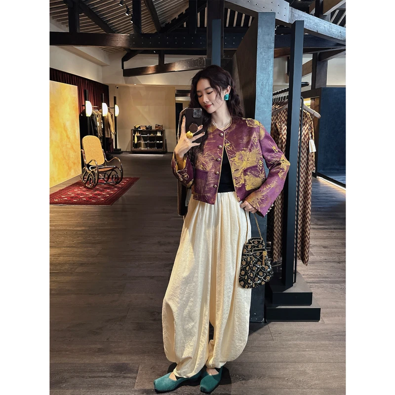 三吉黑花【久安】女裤子2025新款棉麻提花设计款灯笼裤宽松慵懒风