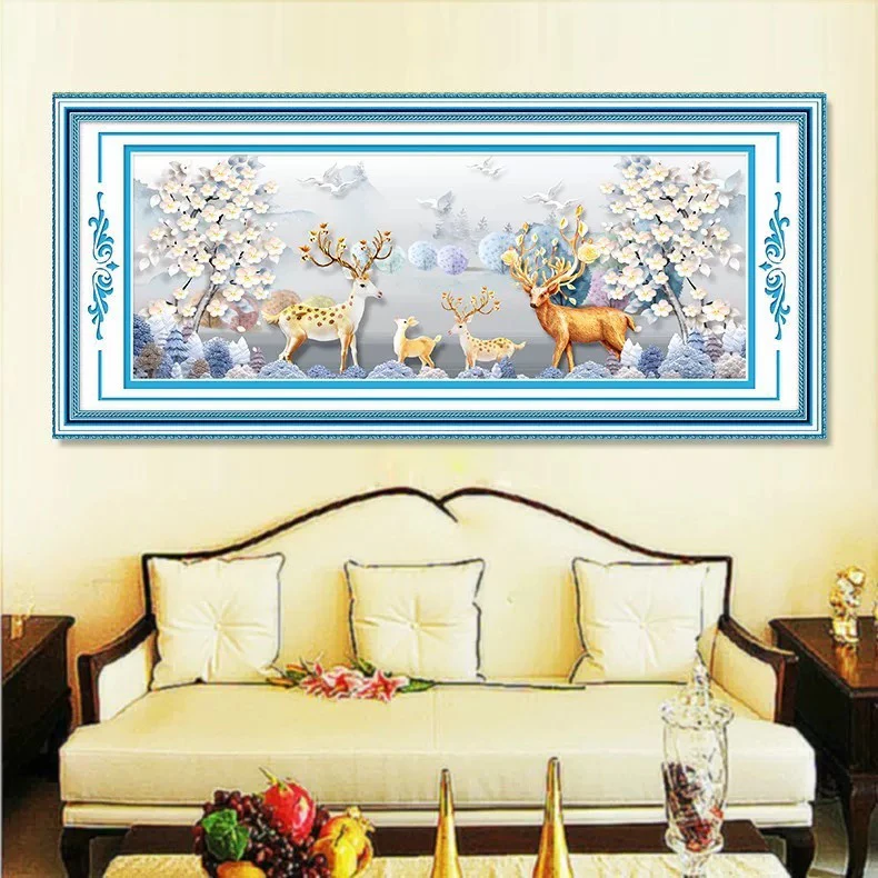 纯手工十字绣成品人工绣好的图幸福一家麋鹿发财鹿1.5米满绣客厅