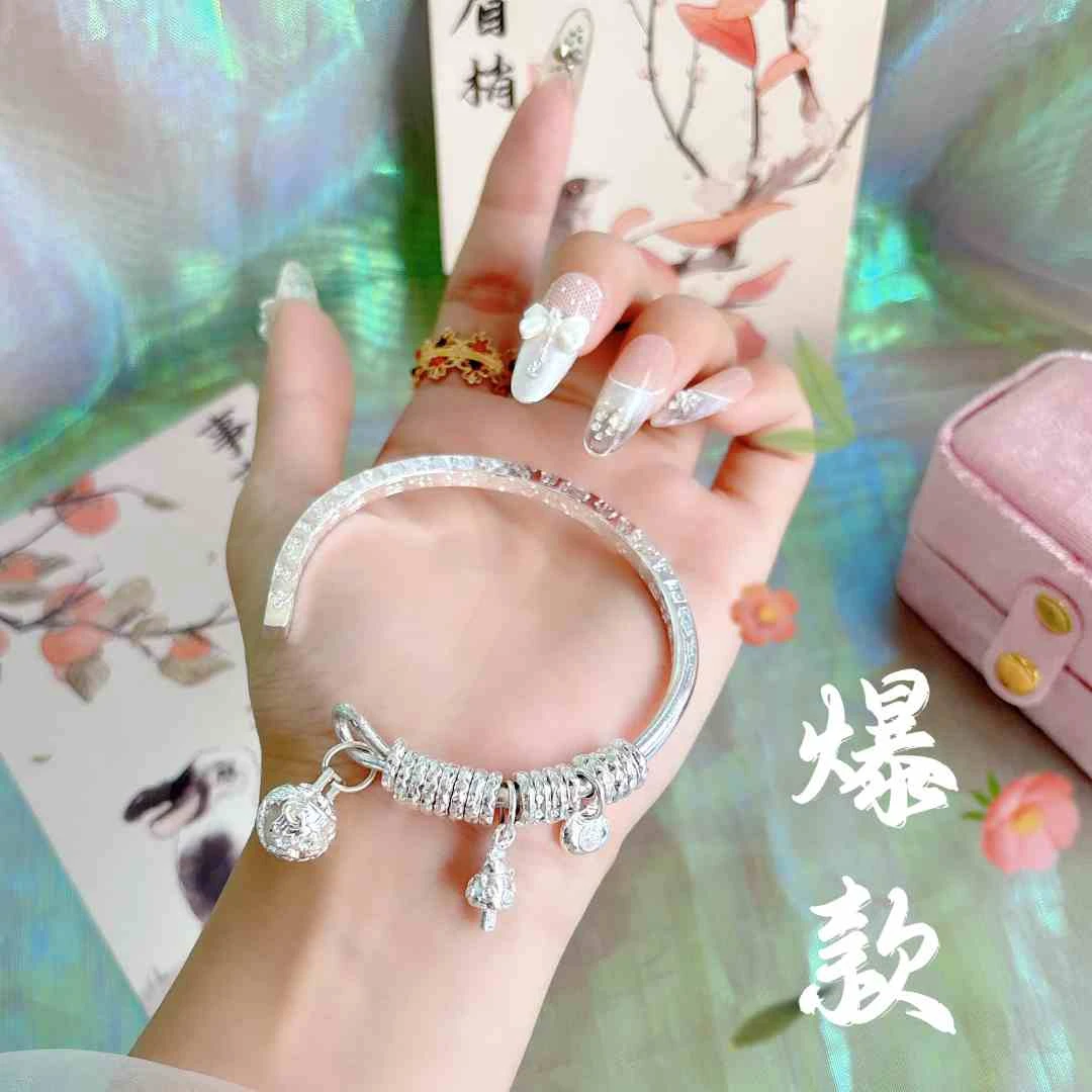 足银手镯 3号-绣球招财猫盘缠【开口】手镯