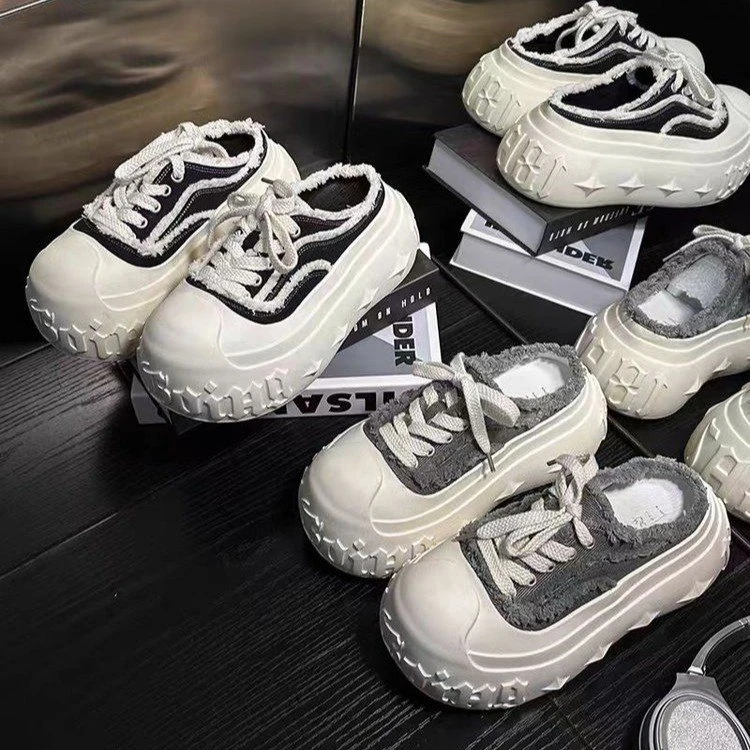 欧货厚底乞丐帆布包头半拖女2025春夏丑萌大头面包鞋时尚休闲松糕