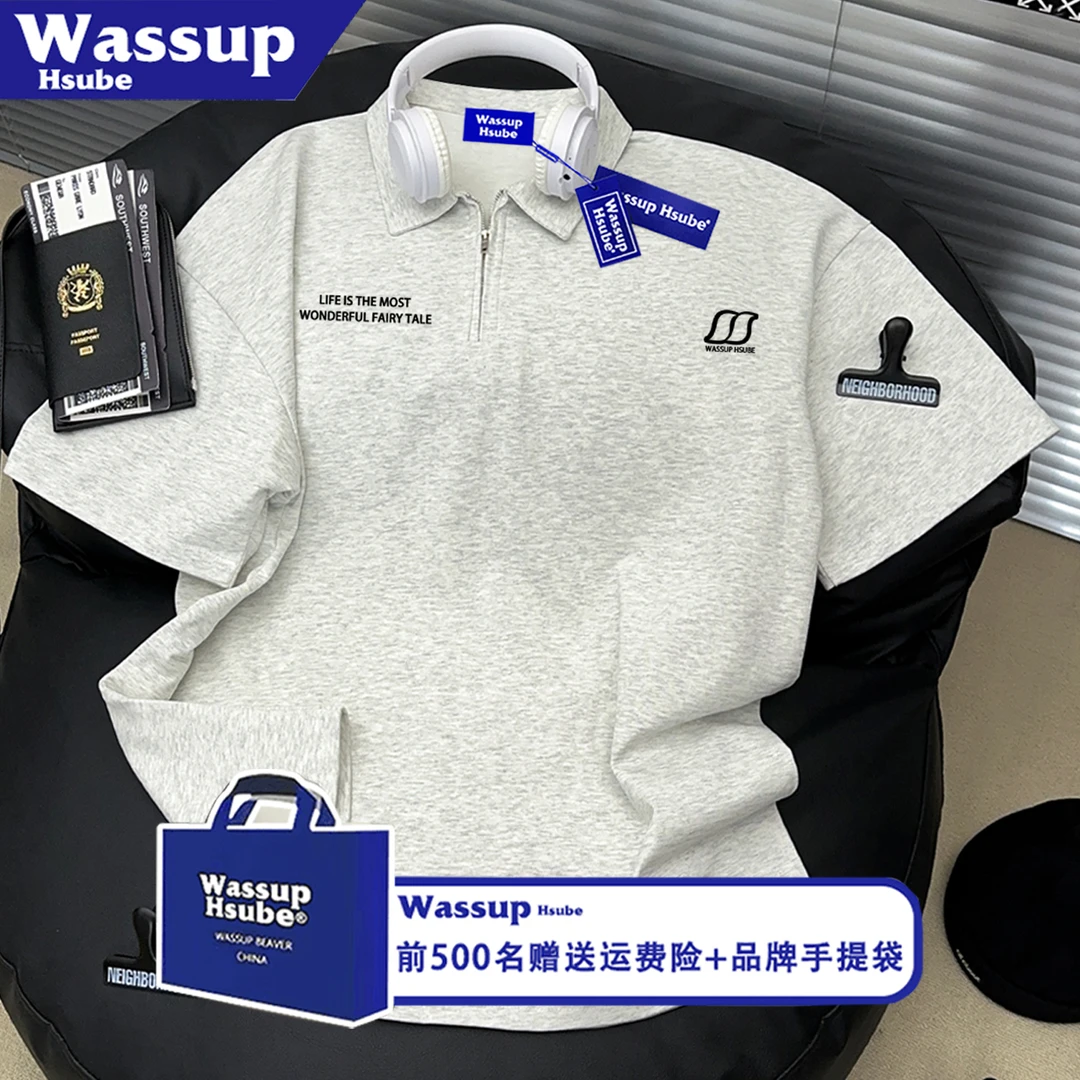 WASSUP HSUBE复古学院风字母短袖Polo衫男女夏季潮牌宽松情侣T恤