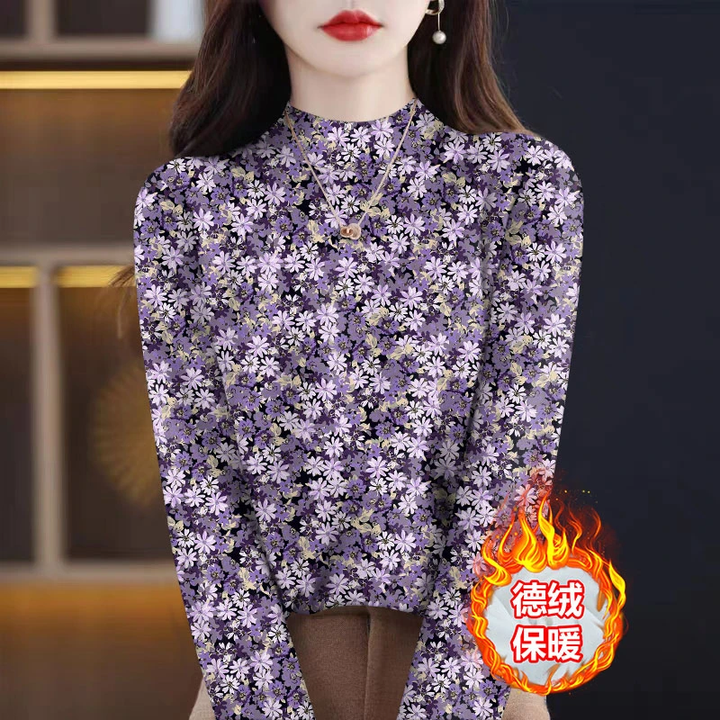 气质秋冬半高领德绒打底衫女士磨毛保暖上衣薄绒显瘦外穿洋气长袖