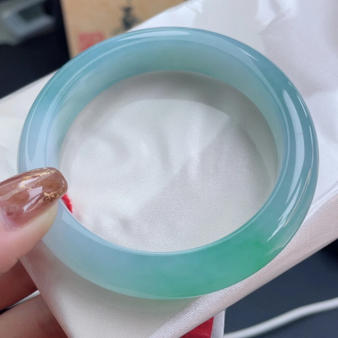 未镶嵌手镯翡翠54.9正圈 牛奶渐变蓝绿 七分蓝三分绿11号