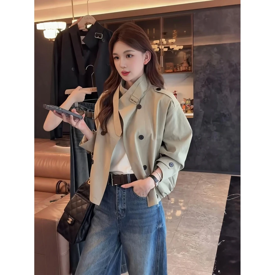 英伦风双排扣立领短款风衣外套女爆款秋季新款休闲宽松小个子上衣