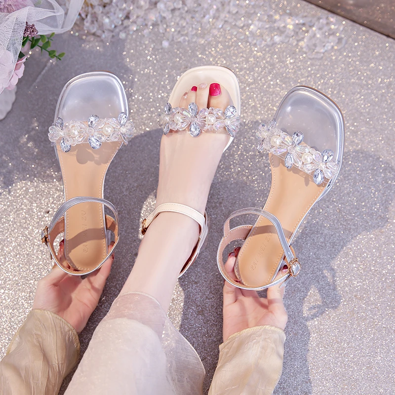 水晶粗跟仙女风凉鞋女2025夏季新款百搭时尚一字带水钻高跟女凉鞋