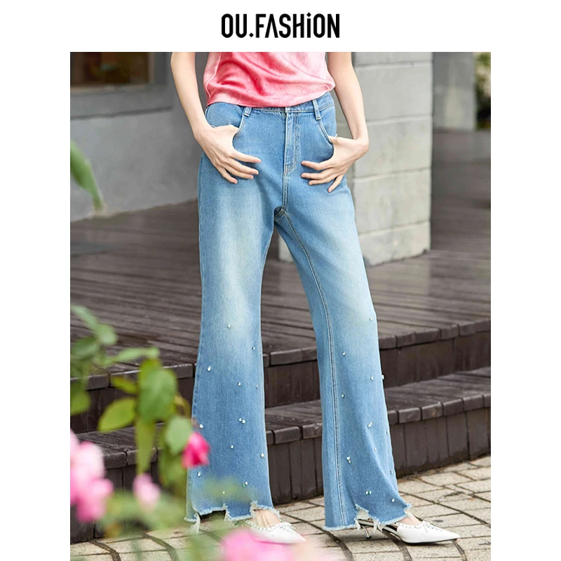 OU.FASHION/欧点复古休闲钉珠高腰毛边阔腿牛仔裤1102420520