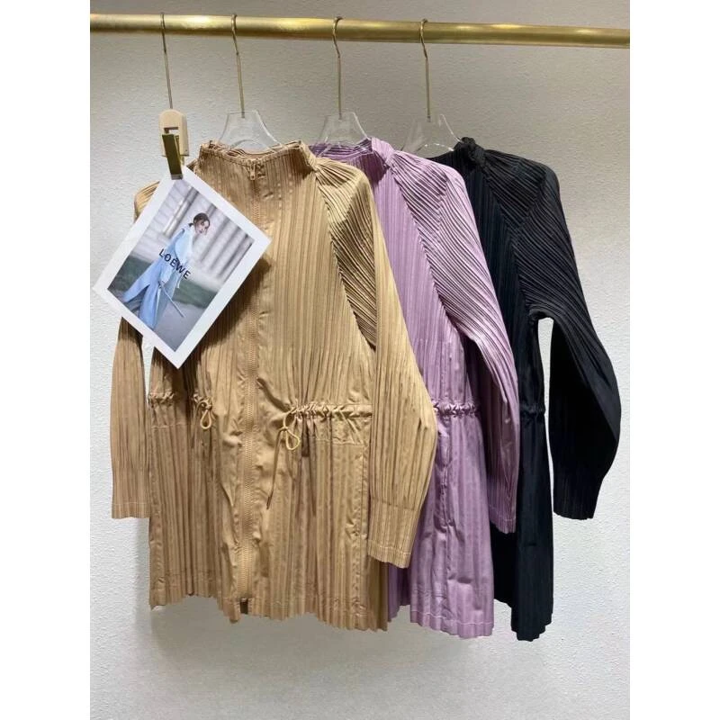 【褶二喜】三宅风新款拉链褶皱时尚宽松风衣通勤气质款外套女百搭