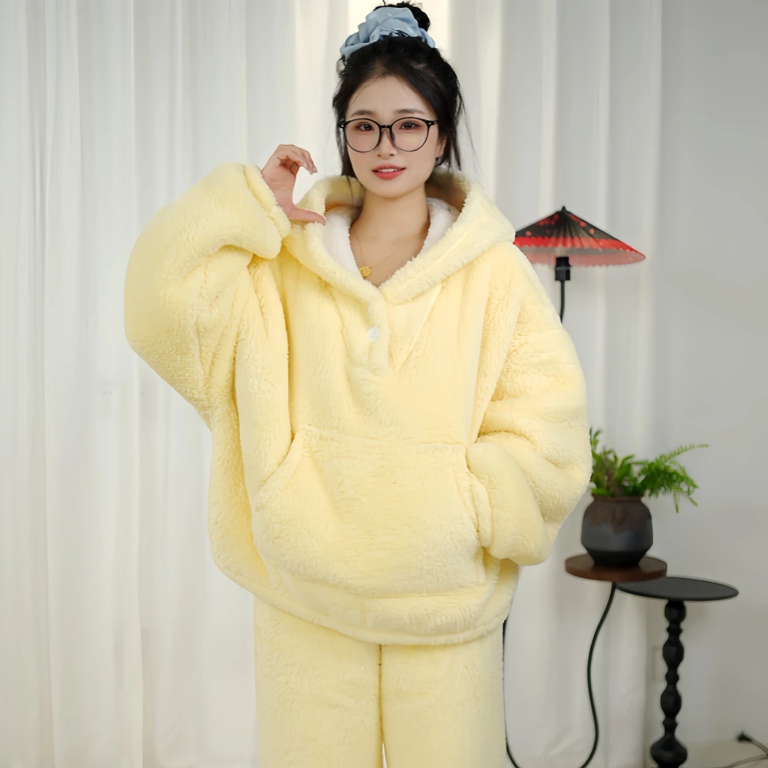 【阳阳推荐】冬款新款可爱风加绒加厚加大连帽保暖睡衣家居服套装