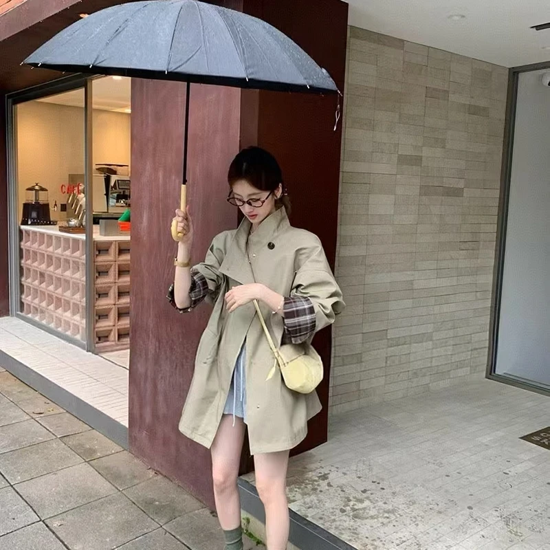 百搭小个子中长款高级经典撞色风衣外套廓形显瘦宽松英伦风大衣女