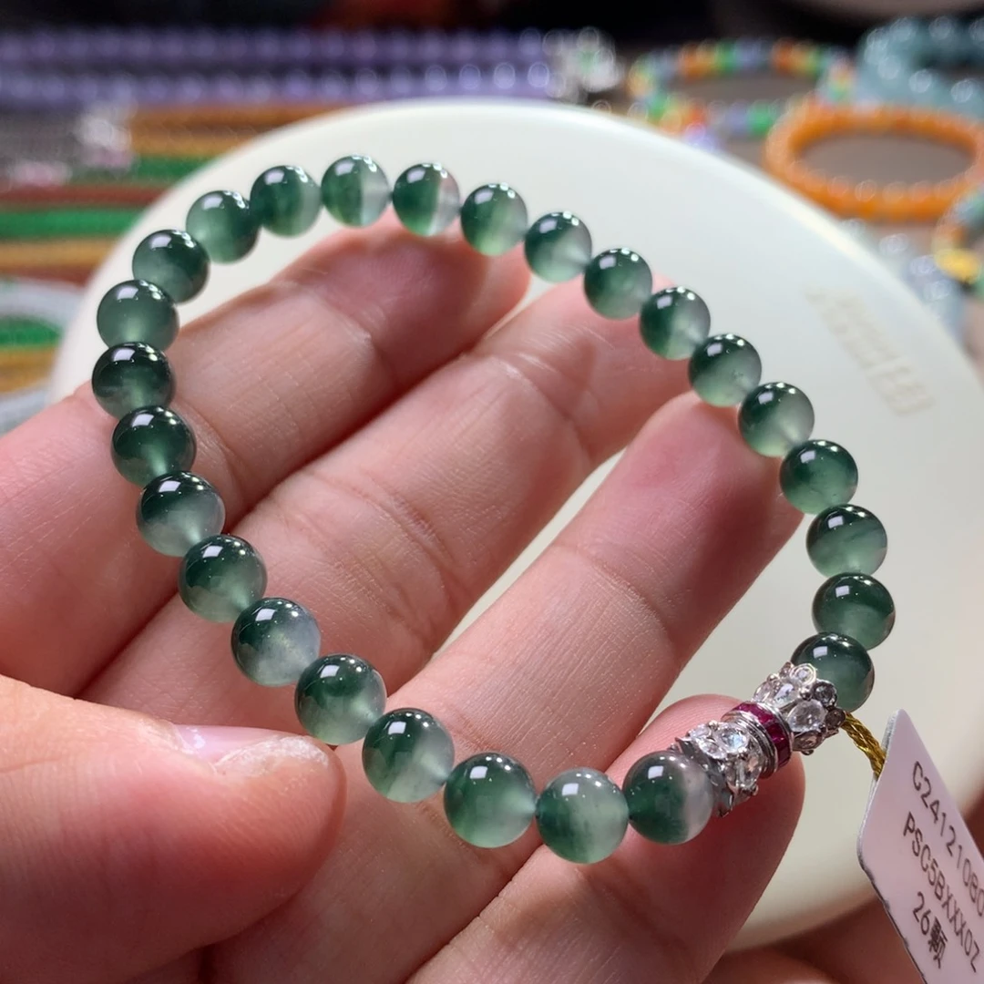 未镶嵌手链翡翠老种冰胶蓝水聚宝盆半山水手串 卡6.1