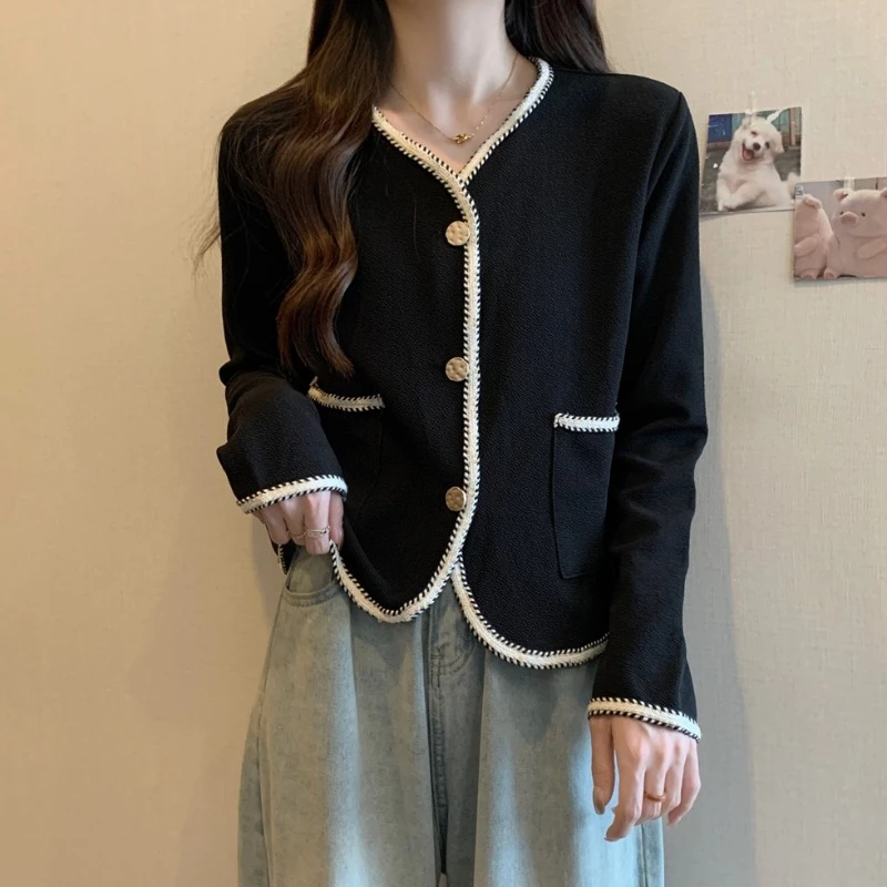 大码法式小香风短款V领长袖衬衫女春秋胖MM宽松显瘦百搭洋气上衣