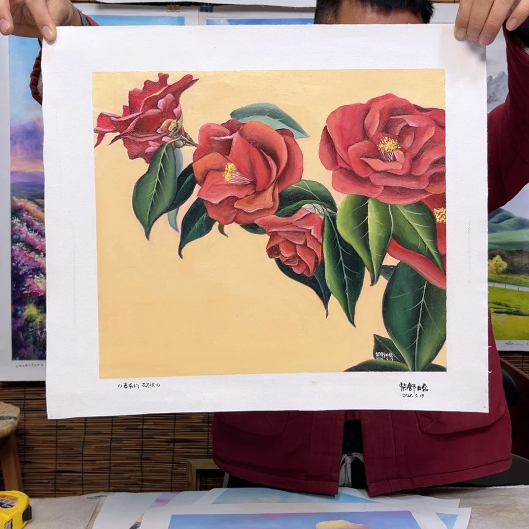 油画行路人小院绘画作品