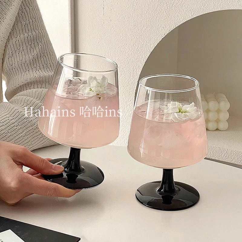 黑色高脚玻璃杯家用高颜值女生果汁水杯微醺调酒鸡尾酒杯子高脚杯