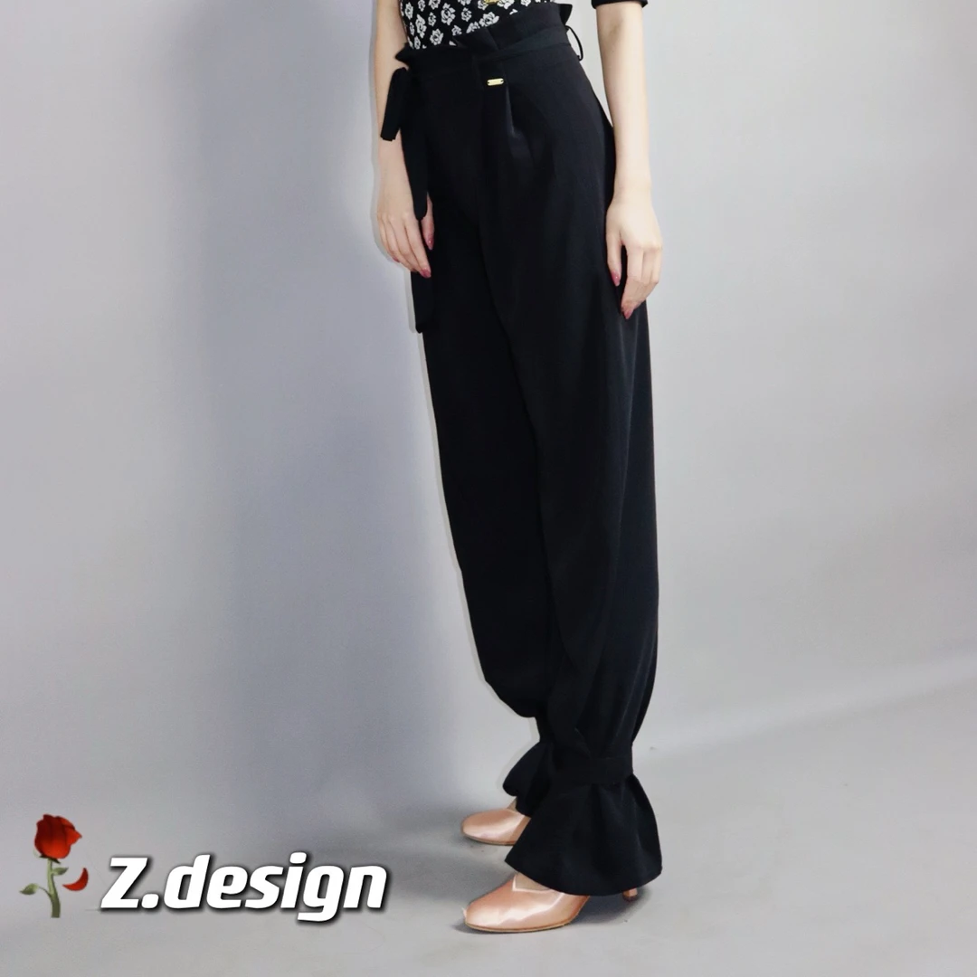 春夏黑色高腰宽松花苞束脚裤裤脚小喇叭透气舒适摩登舞练功服显瘦