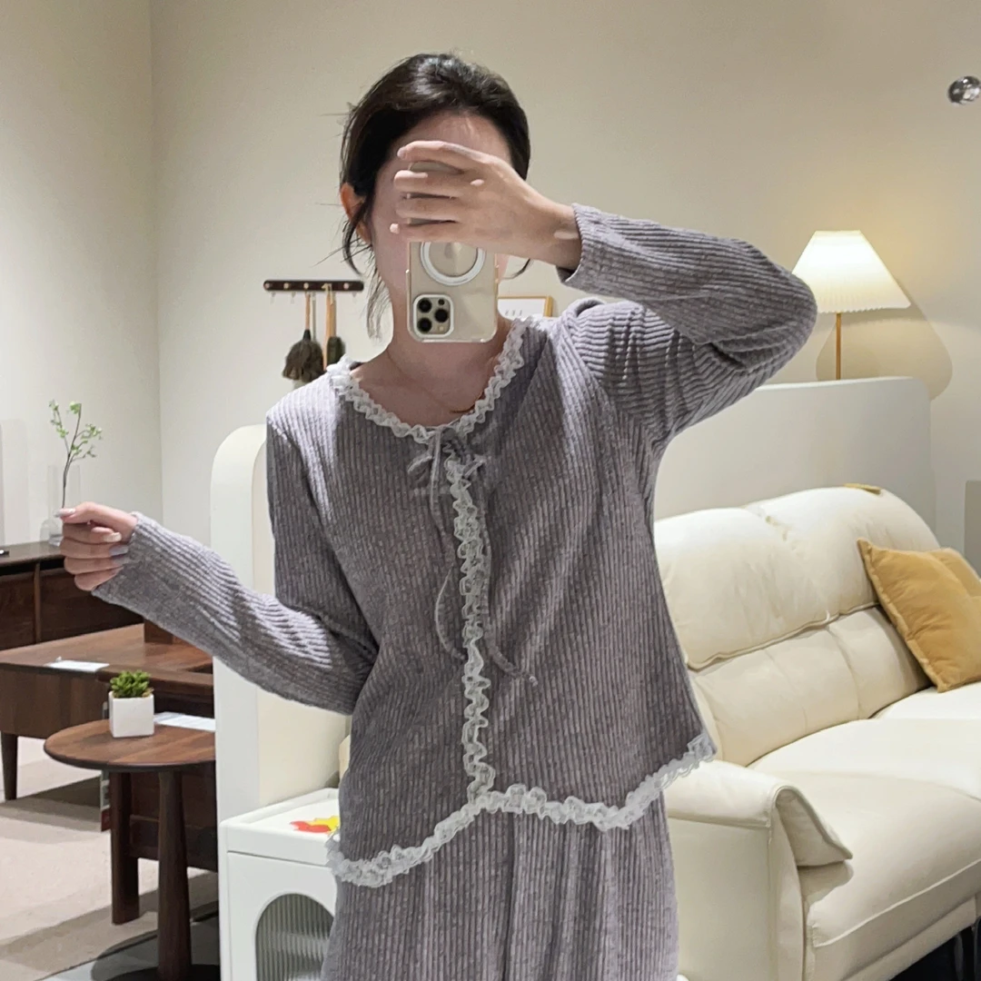 浪漫春天薄绒长袖带杯垫保暖睡衣可外穿气质优雅舒适女两件套2635