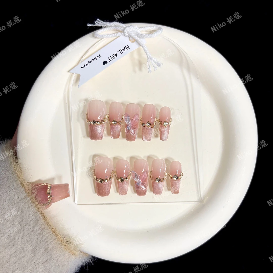 【蝶舞梦境】妮蔻晕染渐变法式高级美甲小碎钻显白纯欲可拆卸穿戴甲