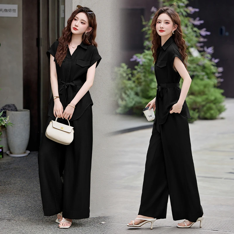 时尚套装阔腿裤欧若假日风艺术流浪风风中性风显瘦套装短袖气质